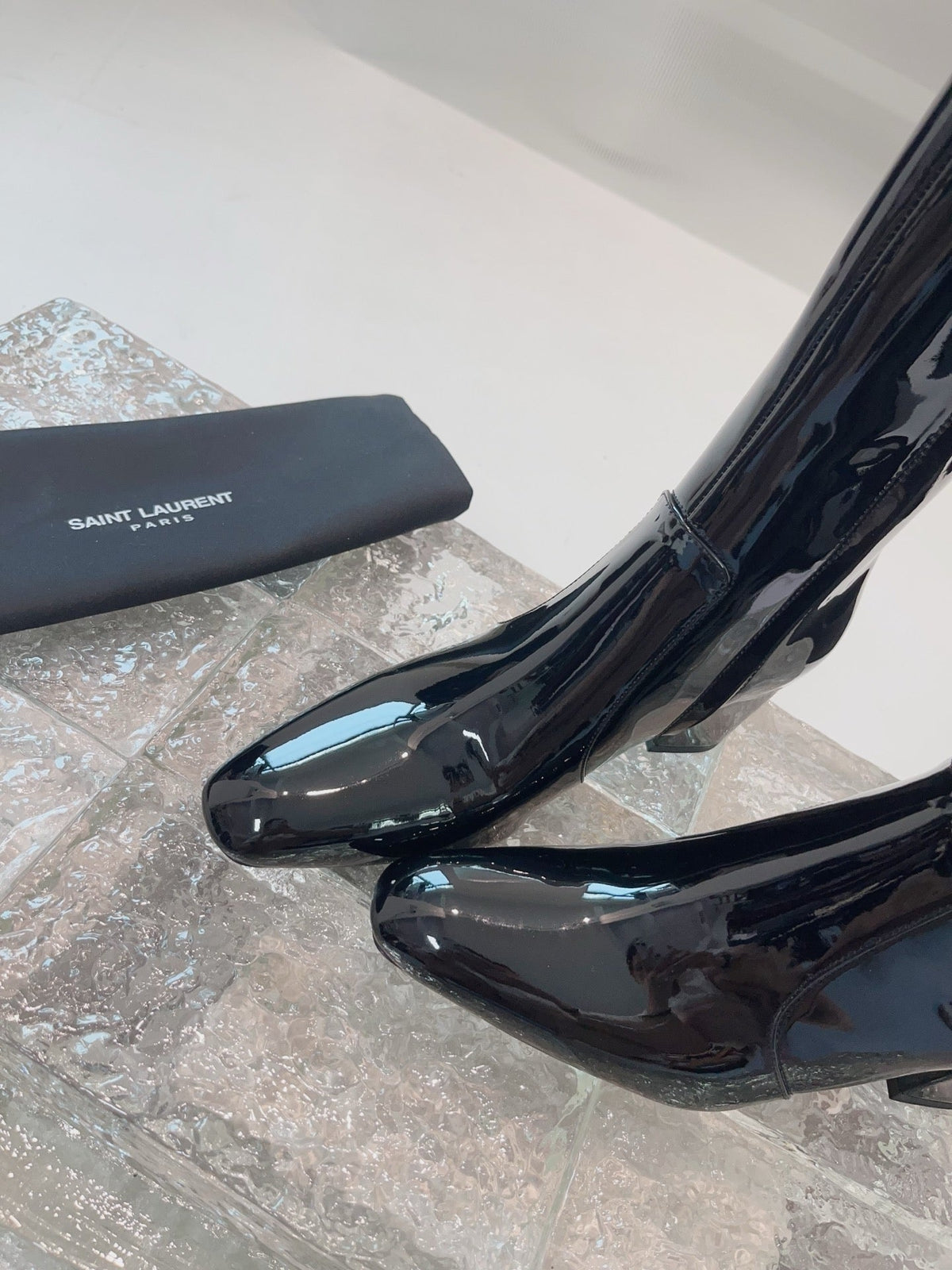 YSL 25 High Heeled Long Boot Black Patent Leather 522261