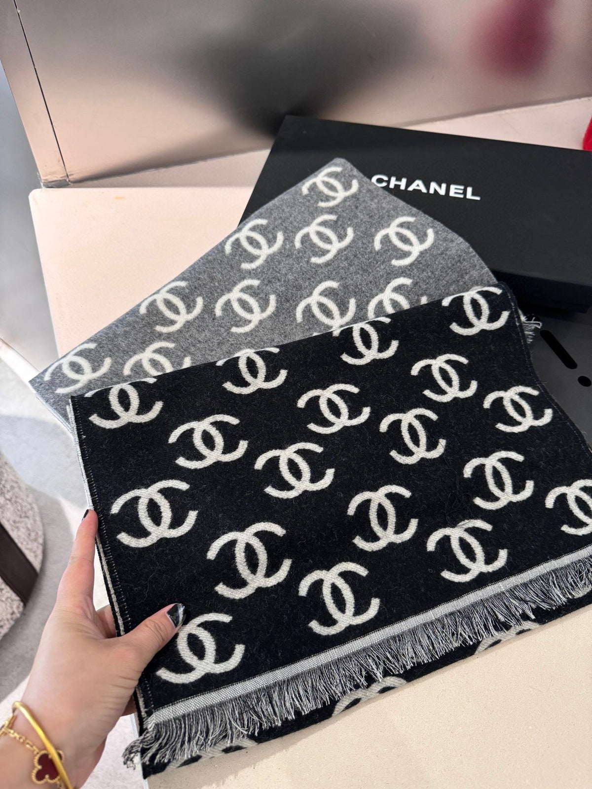 CC Scarf 180 CM In Dark Grey Mix Light Grey Print Logo Wool And Cashmere 359268