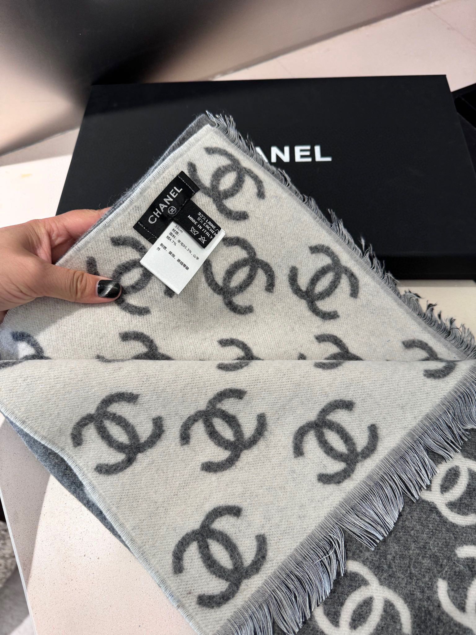 CC Scarf 180 CM In Dark Grey Mix Light Grey Print Logo Wool And Cashmere 359268