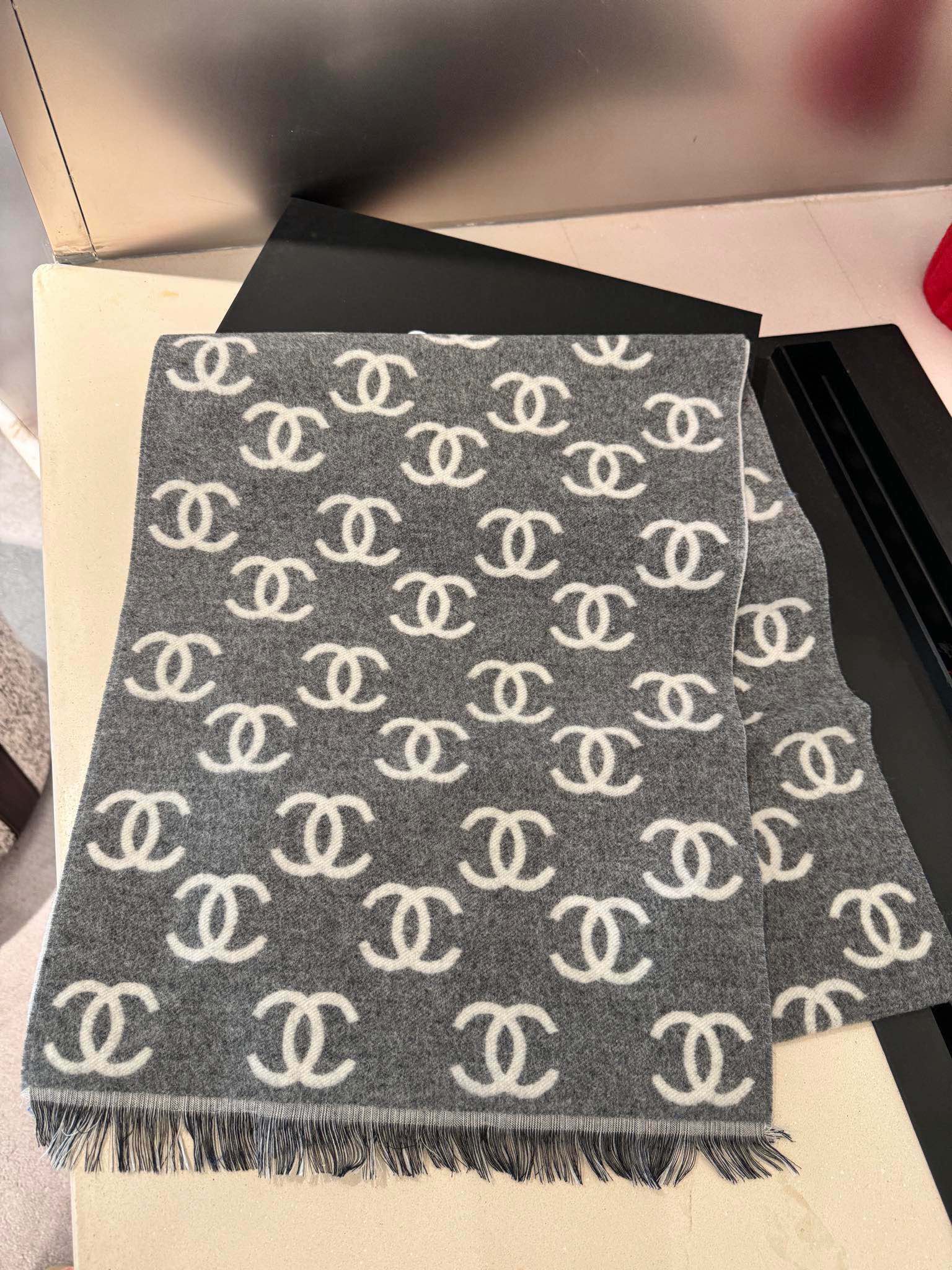 CC Scarf 180 CM In Dark Grey Mix Light Grey Print Logo Wool And Cashmere 359268