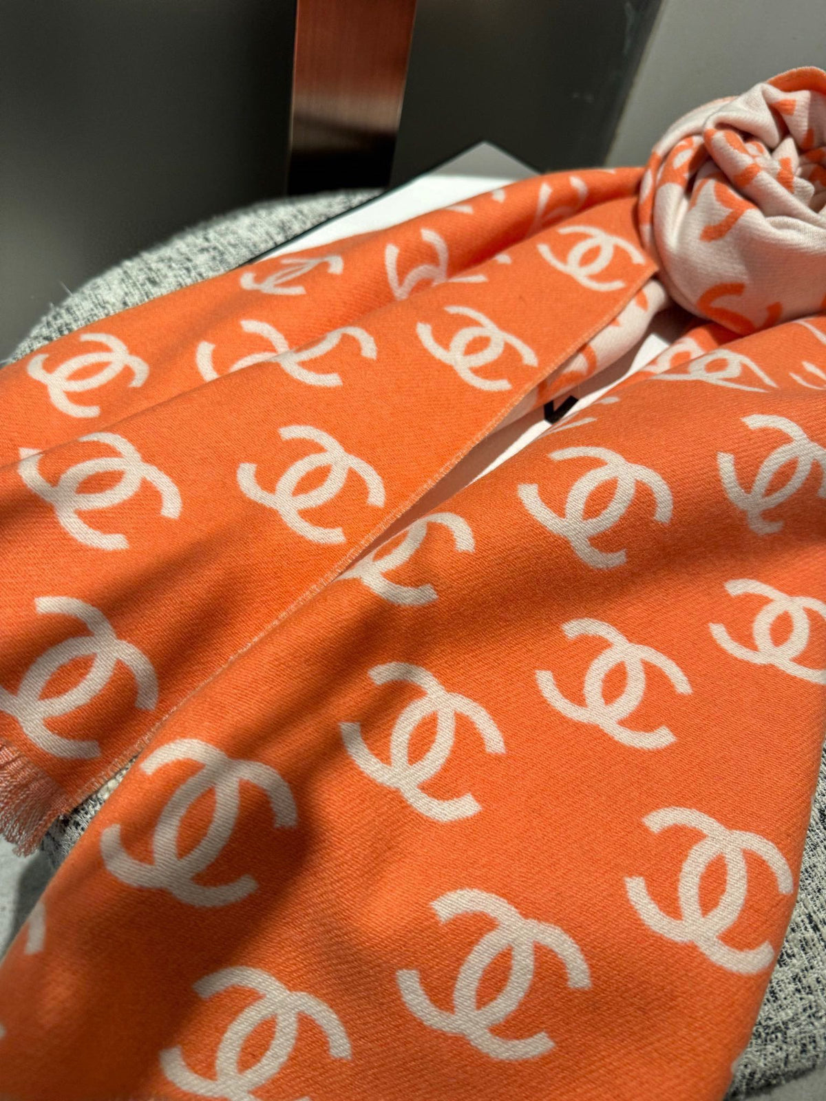 CC Scarf 180 CM In Orange Mix Beige Print Logo Wool And Cashmere 359269