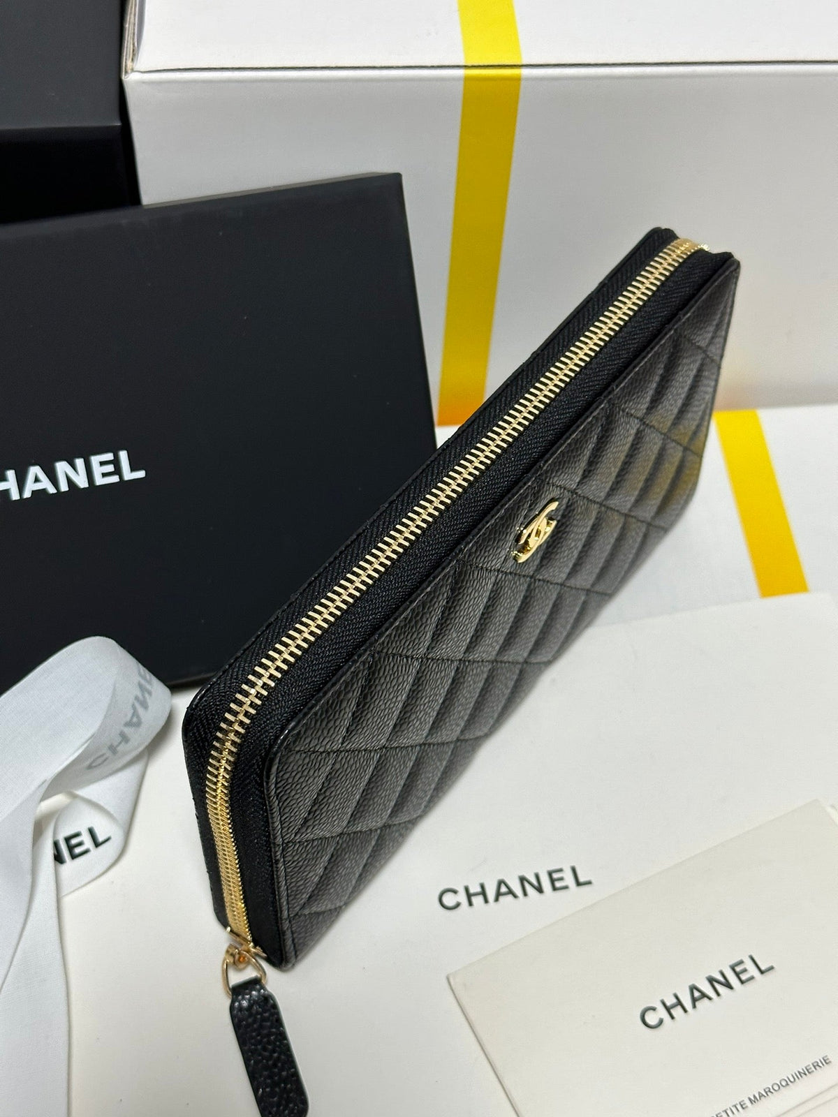 CC Long Zipped Wallet Black Quilted Caviar Gold Buckle 243681