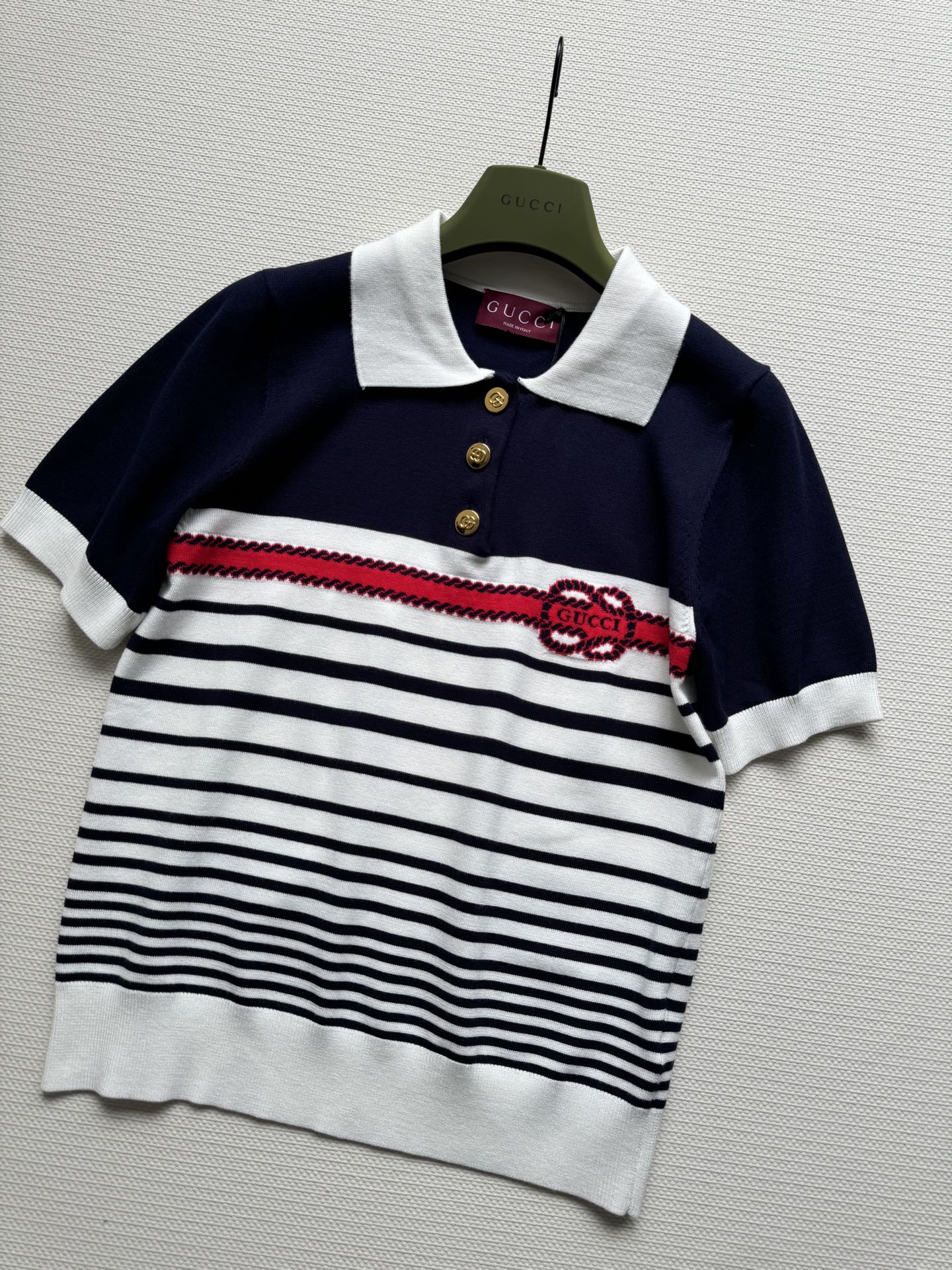Gucci Striped Polo Knitted Top Dark Blue White Cotton