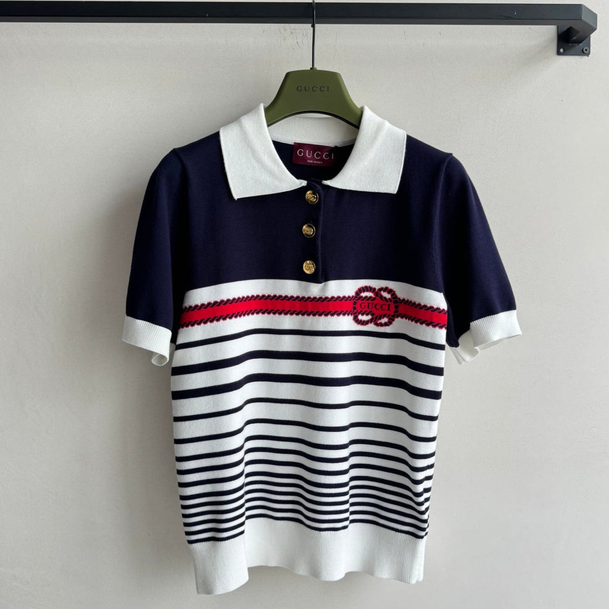 Gucci Striped Polo Knitted Top Dark Blue White Cotton