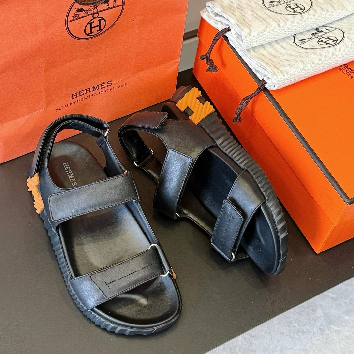 HM Men's Junior Sandal Black Orange Calfskin 643235