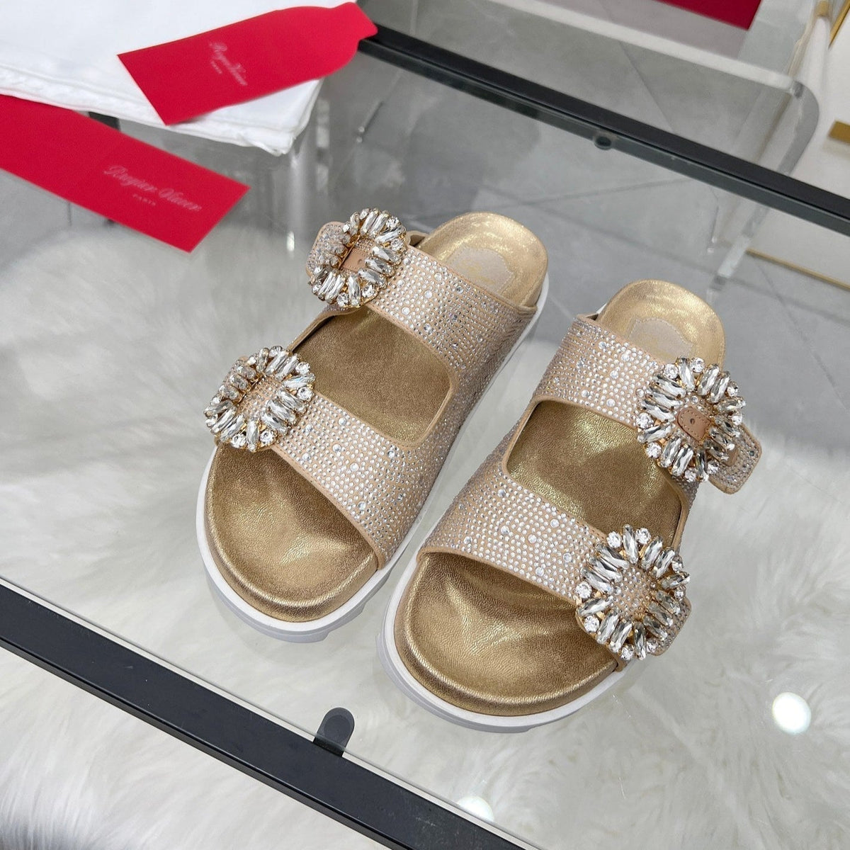 Viv 25 Slidy Diamond Slippers Gold PVC Silk Cowhide 259286