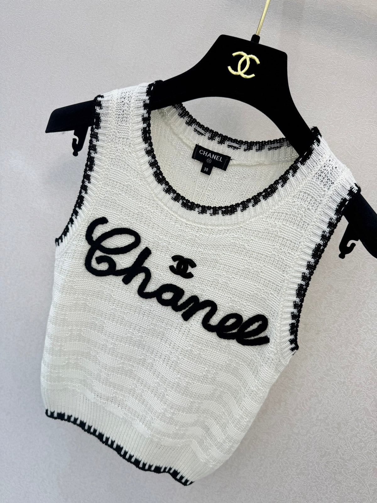 Chanel 2026 Embroidery Logo Vest White Black Wool 364271