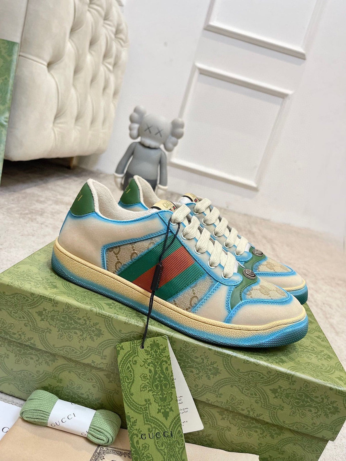 GG 26ss Screener Sneaker Beige Blue Green Cowhide 697181