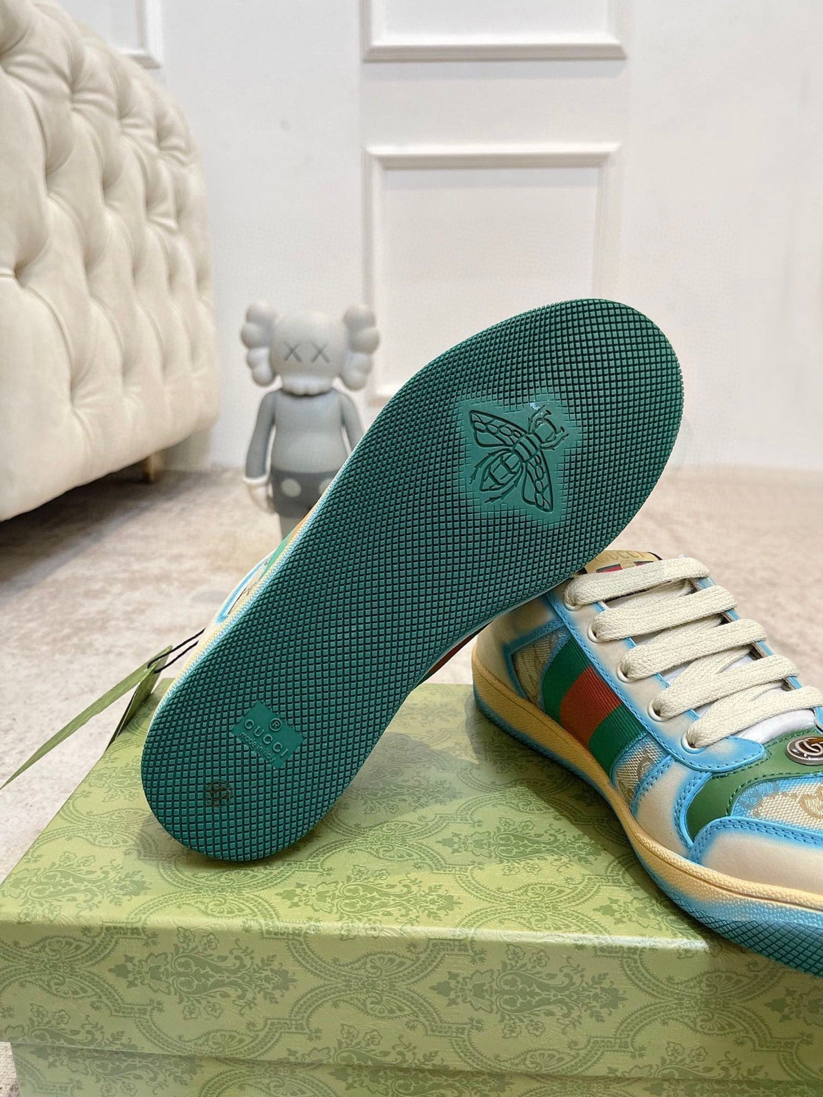 GG 26ss Screener Sneaker Beige Blue Green Cowhide 697181