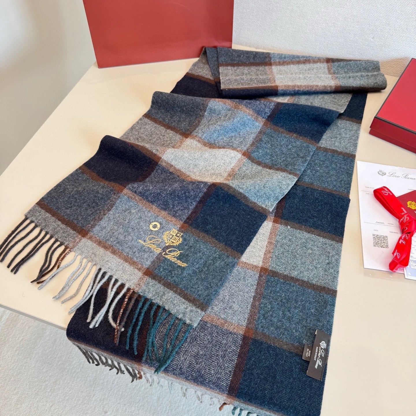 BBR Classic Embroidered Scarf 185CM Blue Cashmere 292819