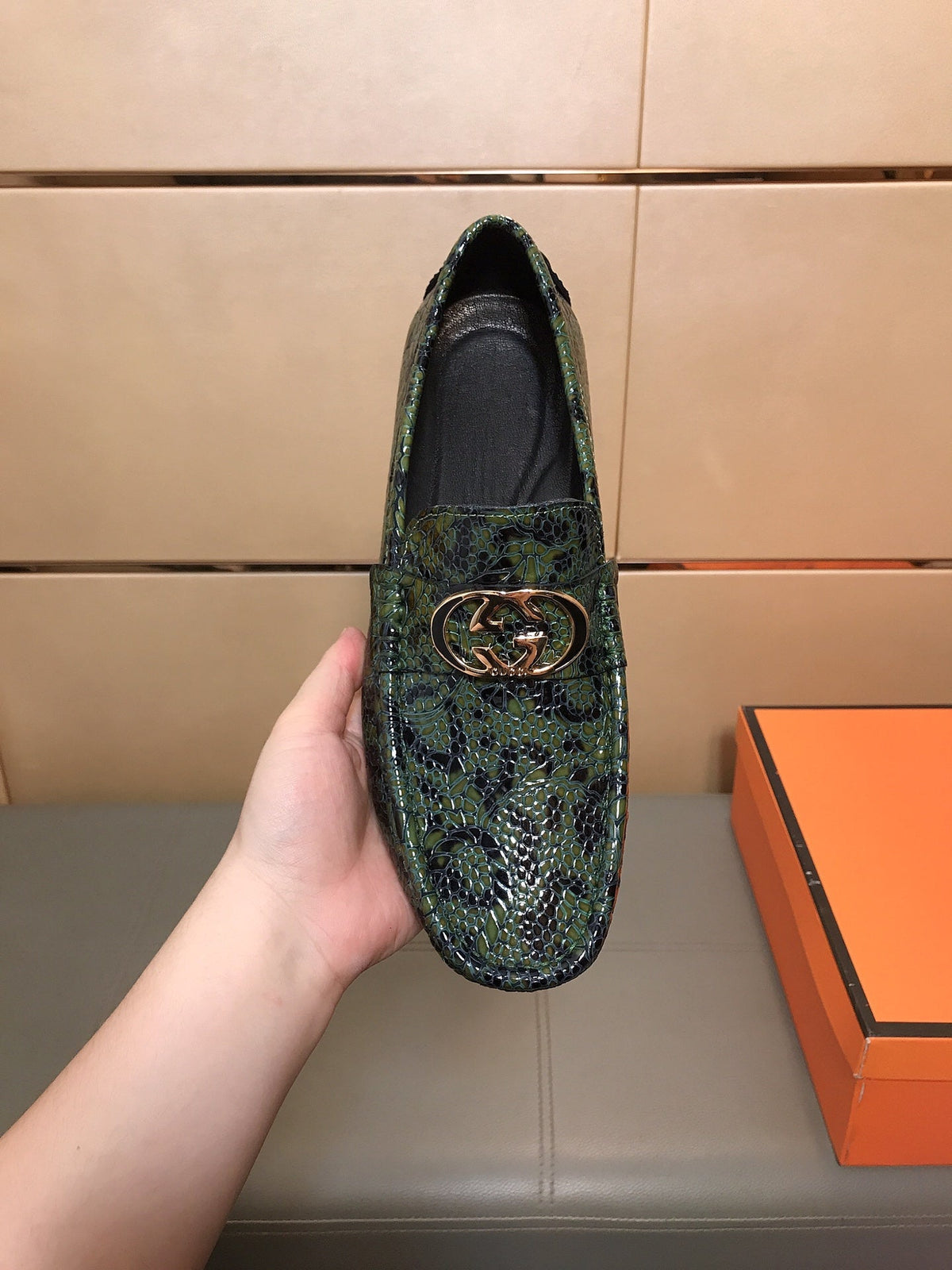GG Men's Loafer Green Mix Black Embossed Cowhide 748039