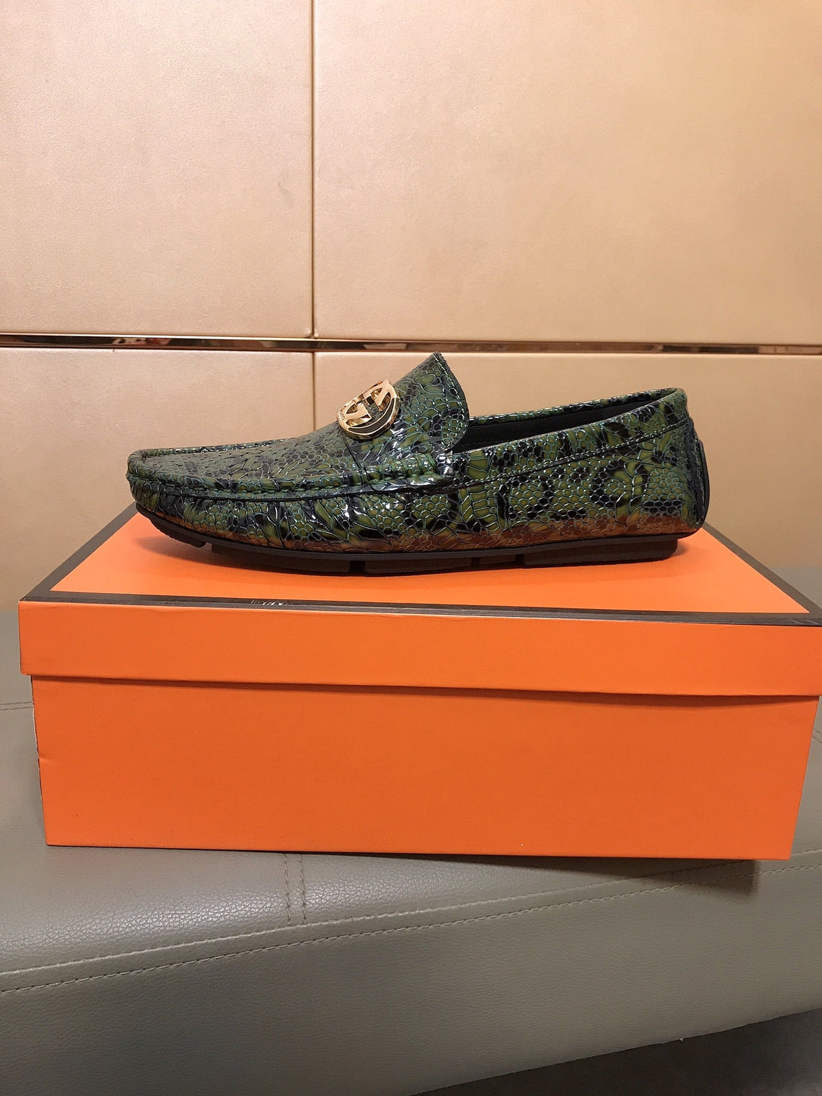 GG Men's Loafer Green Mix Black Embossed Cowhide 748039