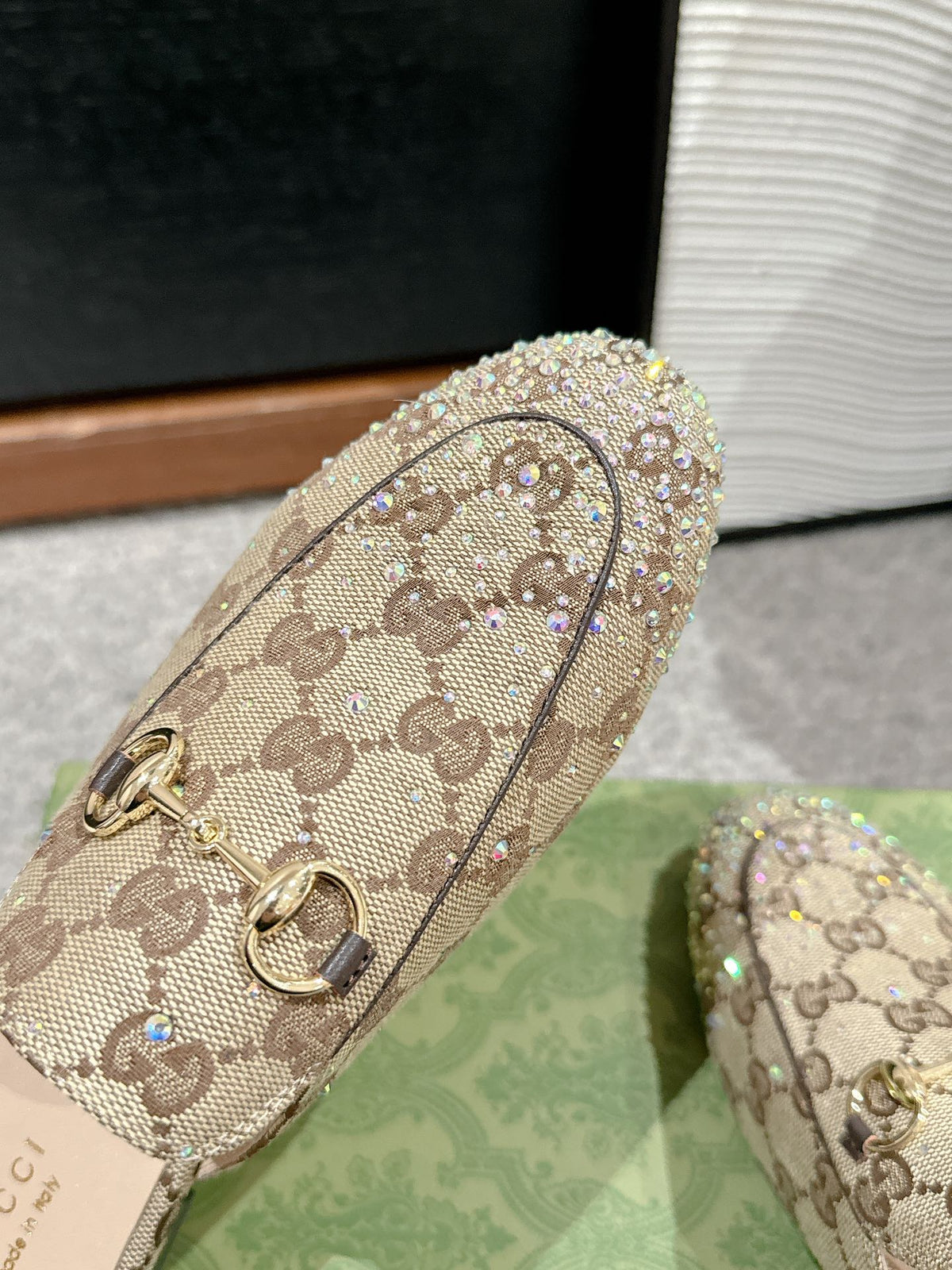 Horsebit Mule Beige Ebony Canvas Crystal-Embellished