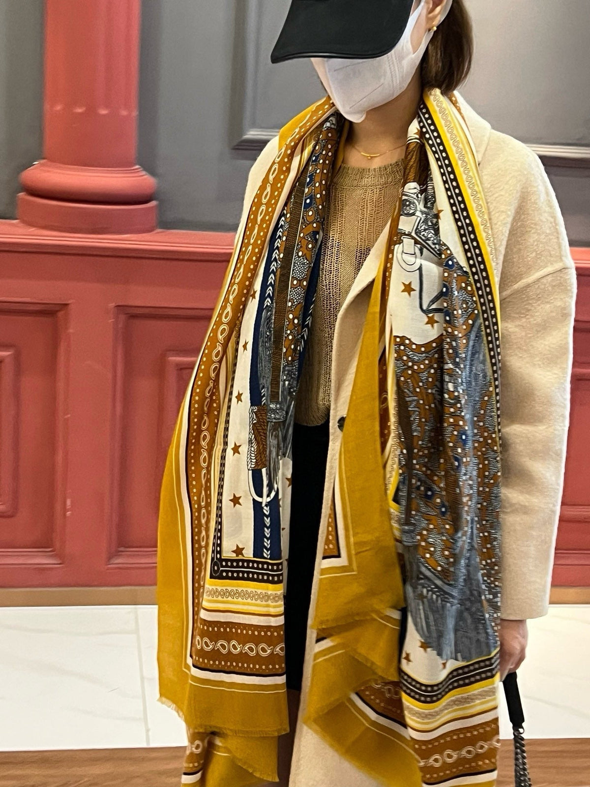 Selle De Dignitaire Bandana Shawl 200 CM In Yellow Brown Colorful Cashmere 265335