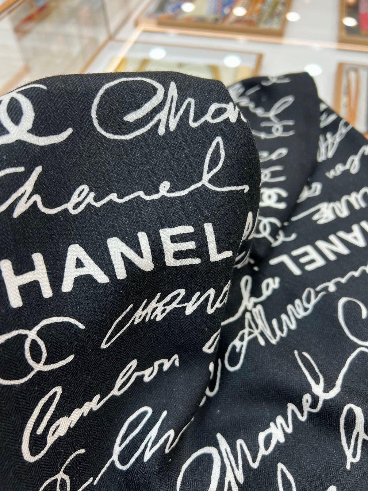 CC Square Scarf 140 CM In Black With White Text Cashmere And Silk 286378