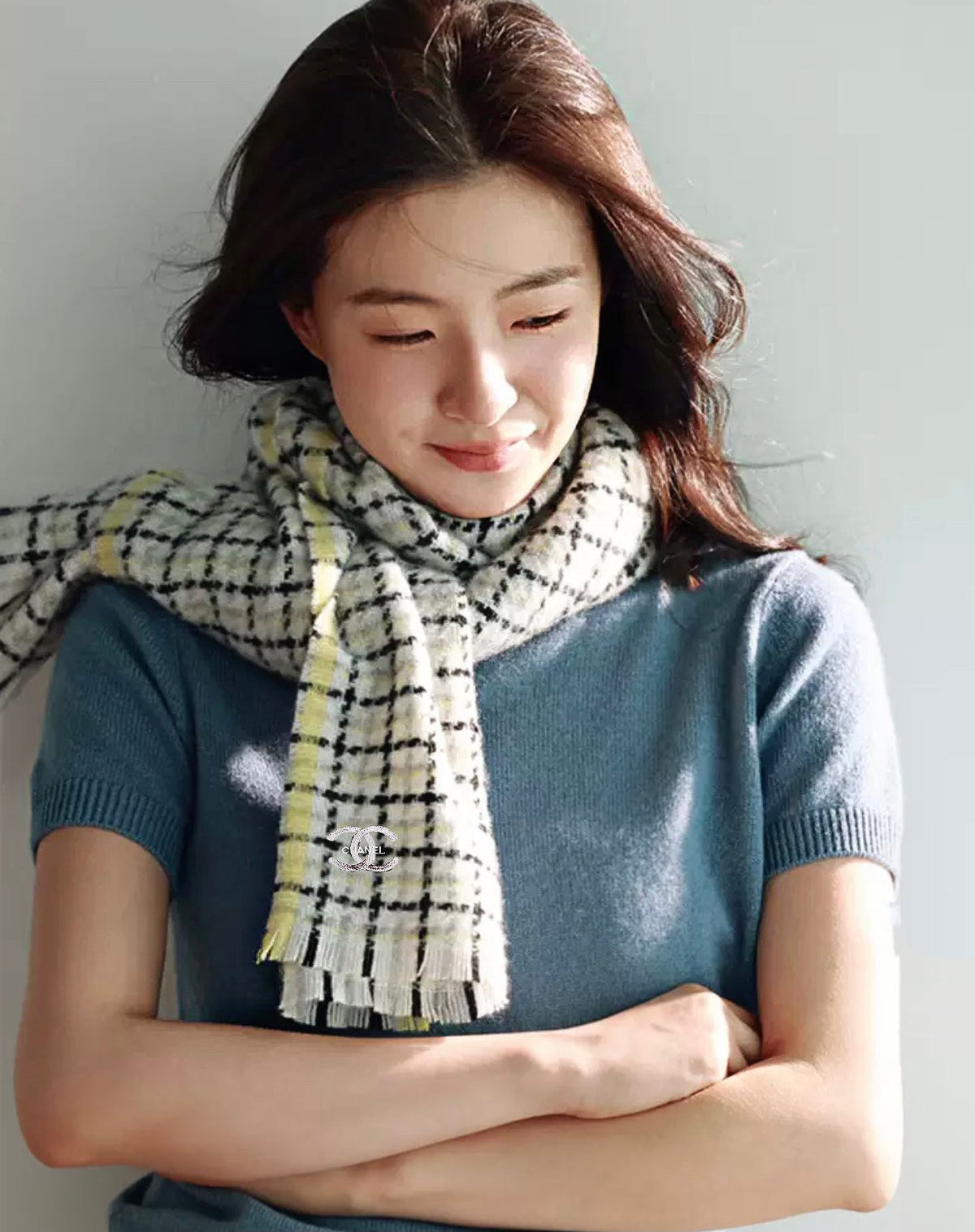 CC Scarf 190 CM In White Yellow With Black Plaid Cashmere 416805