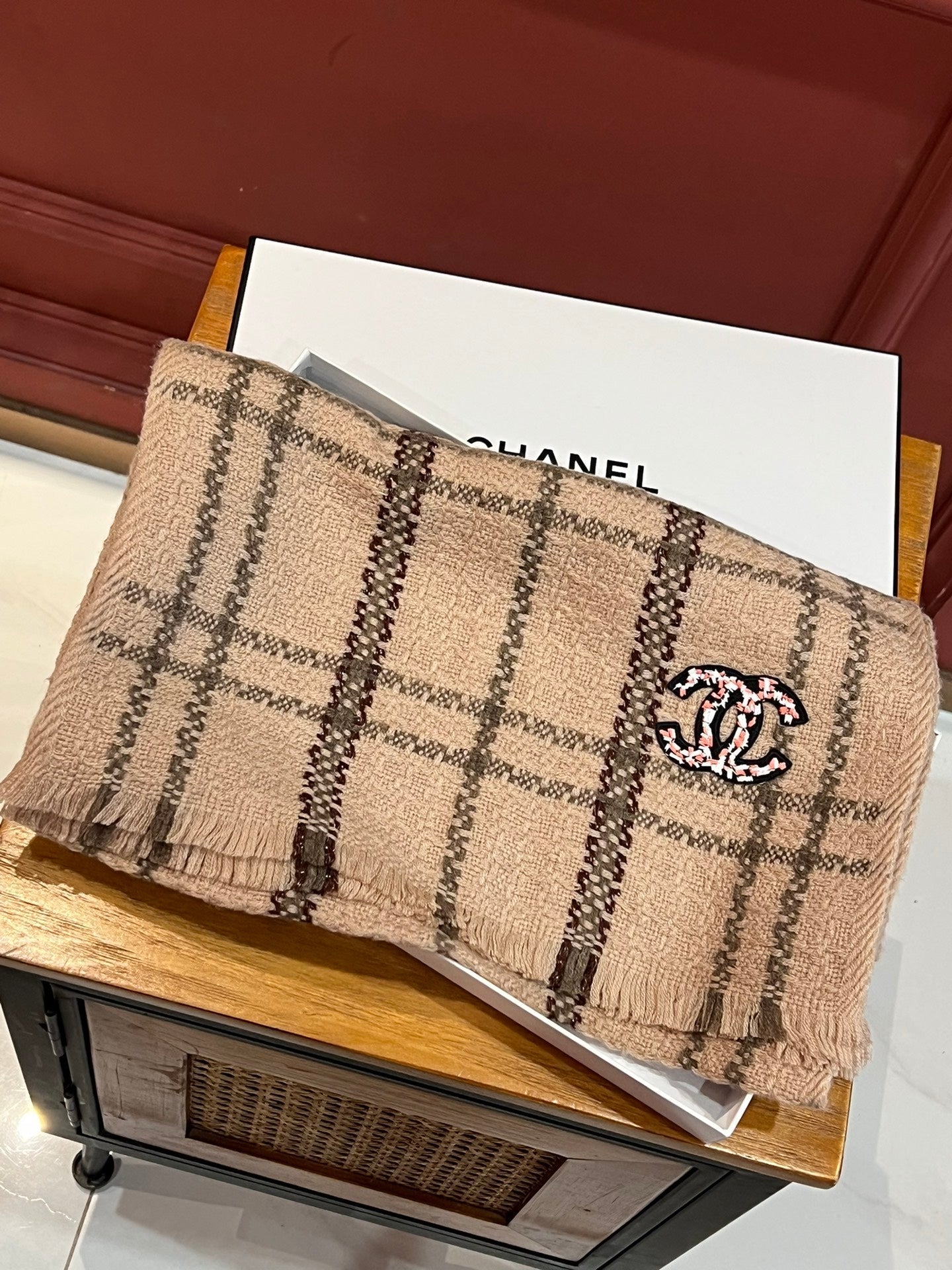 CC Scarf 190 CM In Dark Beige With Brown Stripes Wool  420037