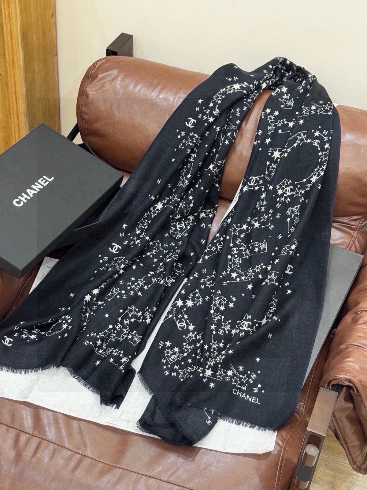 Chanel 2026 Logo Pattern Scarf 200cm Black Cashmere 211959