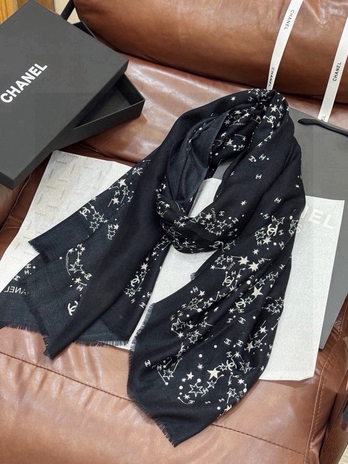Chanel 2026 Logo Pattern Scarf 200cm Black Cashmere 211959