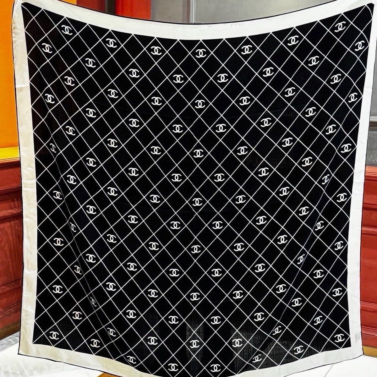 Chanel 2026 Diamond Pattern Scarf 140cm Black White Silk 214912