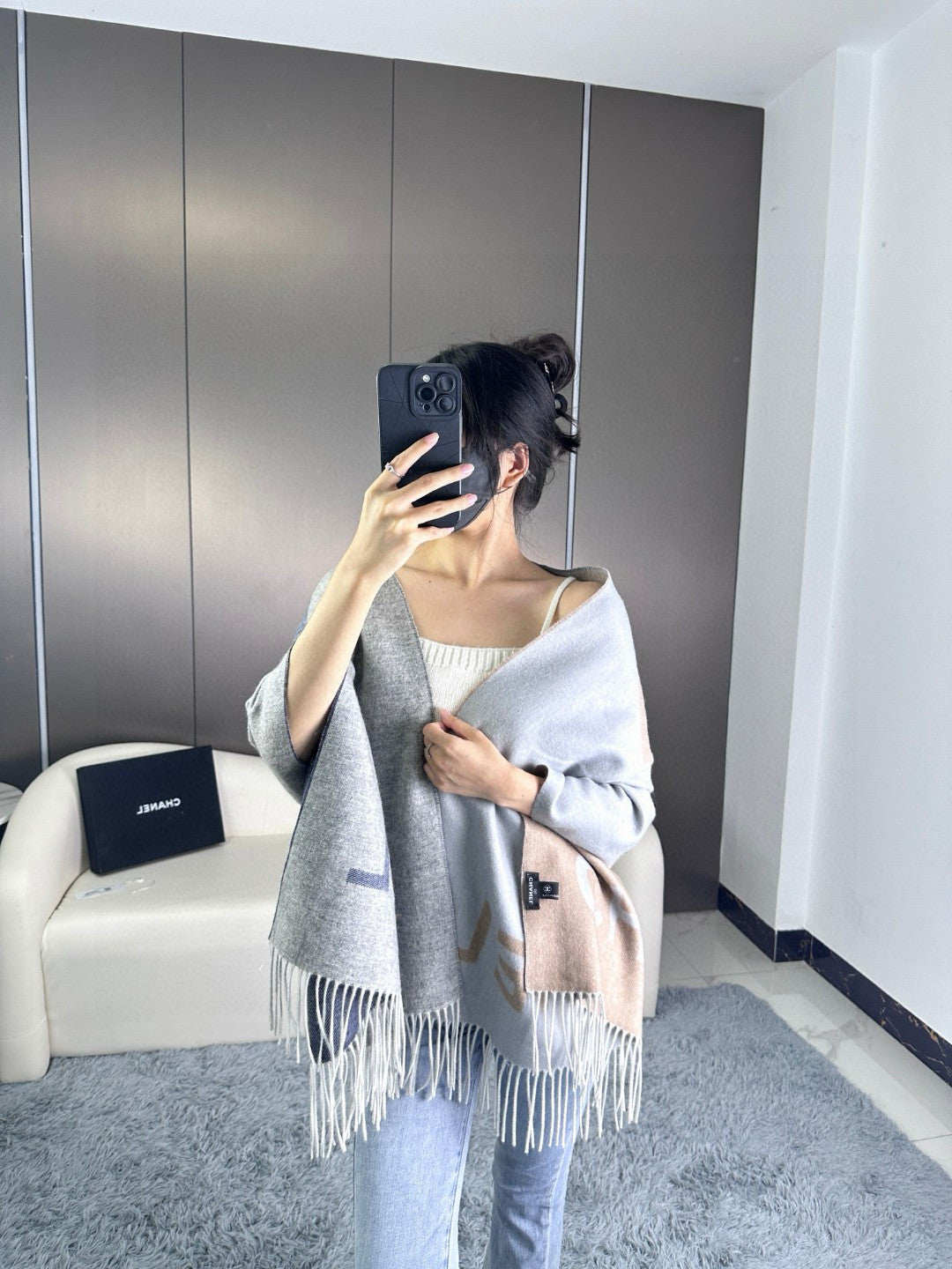 CC Scarf 180 CM In Grey Blue Mix Brown Cashmere Wool 368879