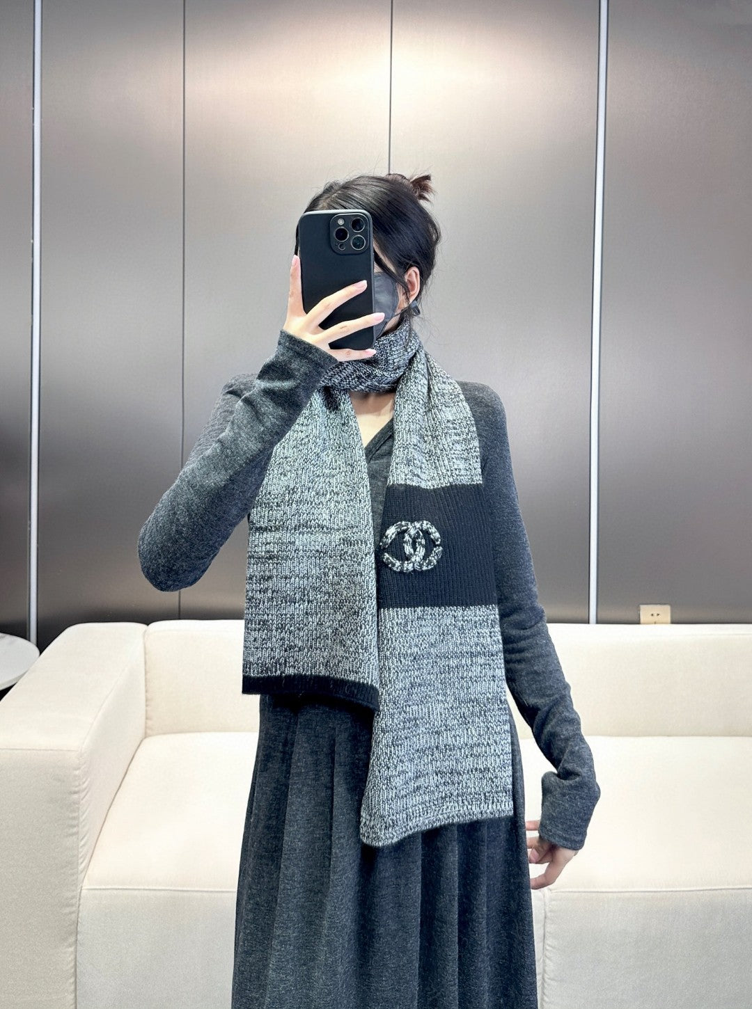 CC Scarf 180 CM In Grey Black Mix Black Cashmere 415136