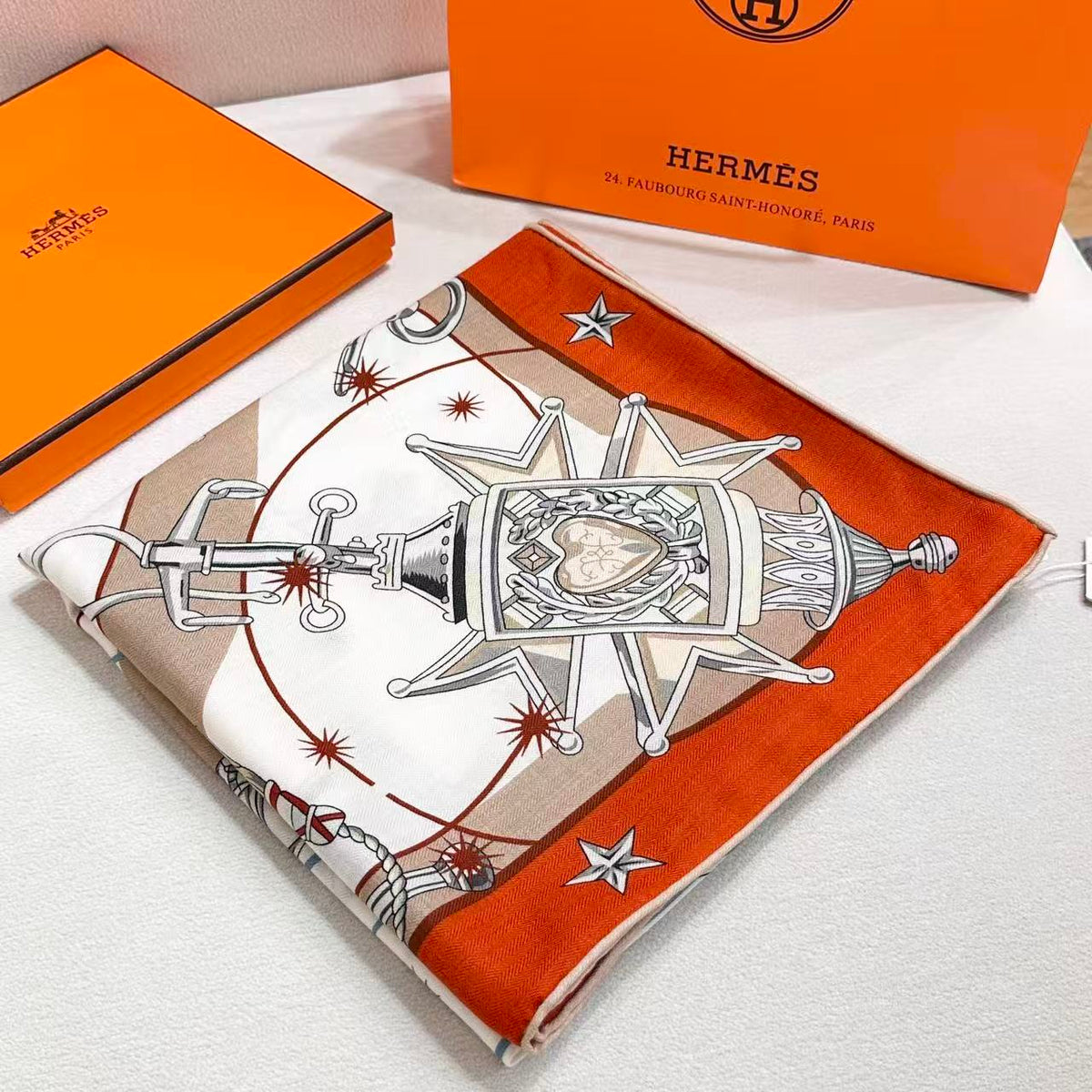 HM  Creative Origins Scarf 135CM Orange White Cashmere Silk 969436