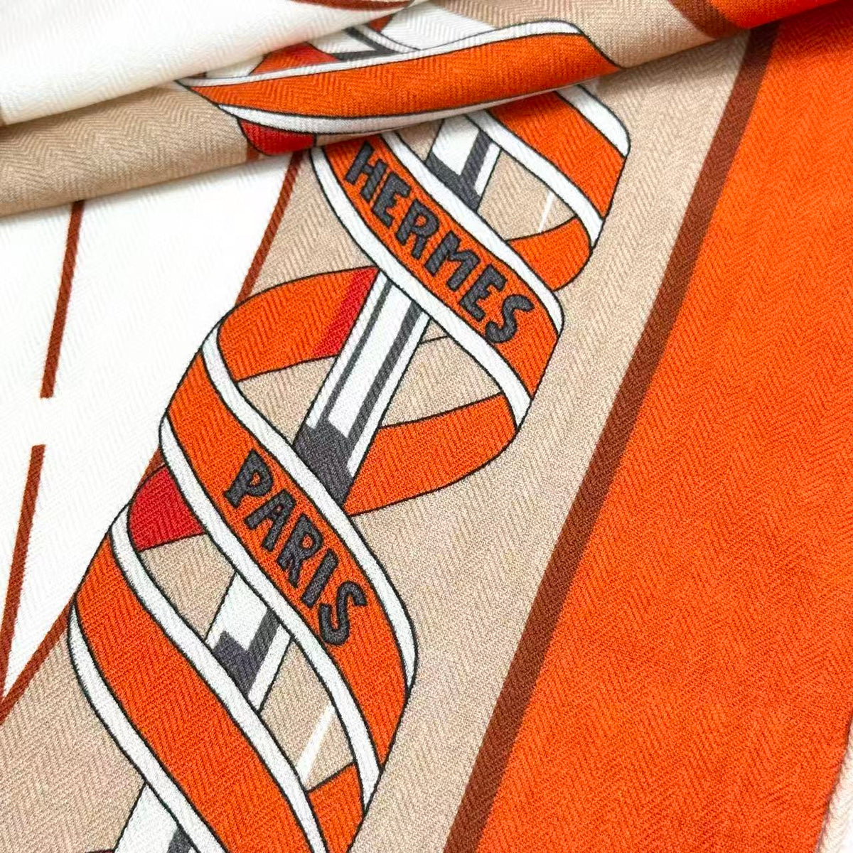 HM  Creative Origins Scarf 135CM Orange White Cashmere Silk 969436