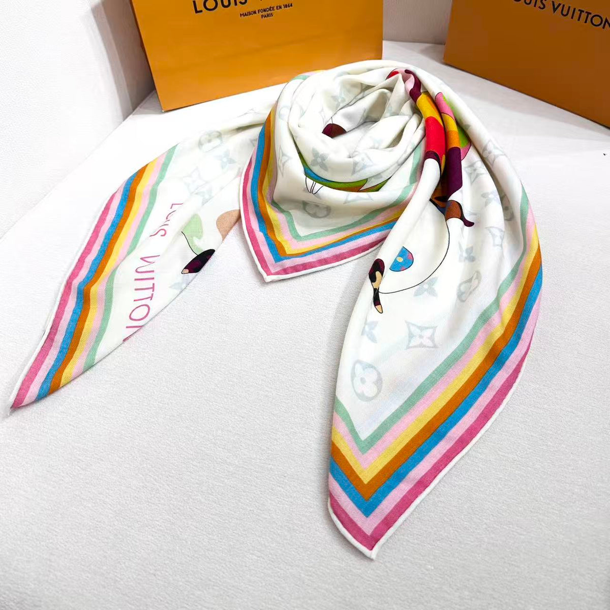LV x TM SUPERFLAT 140cm White Multicolor Silk Wool 978742