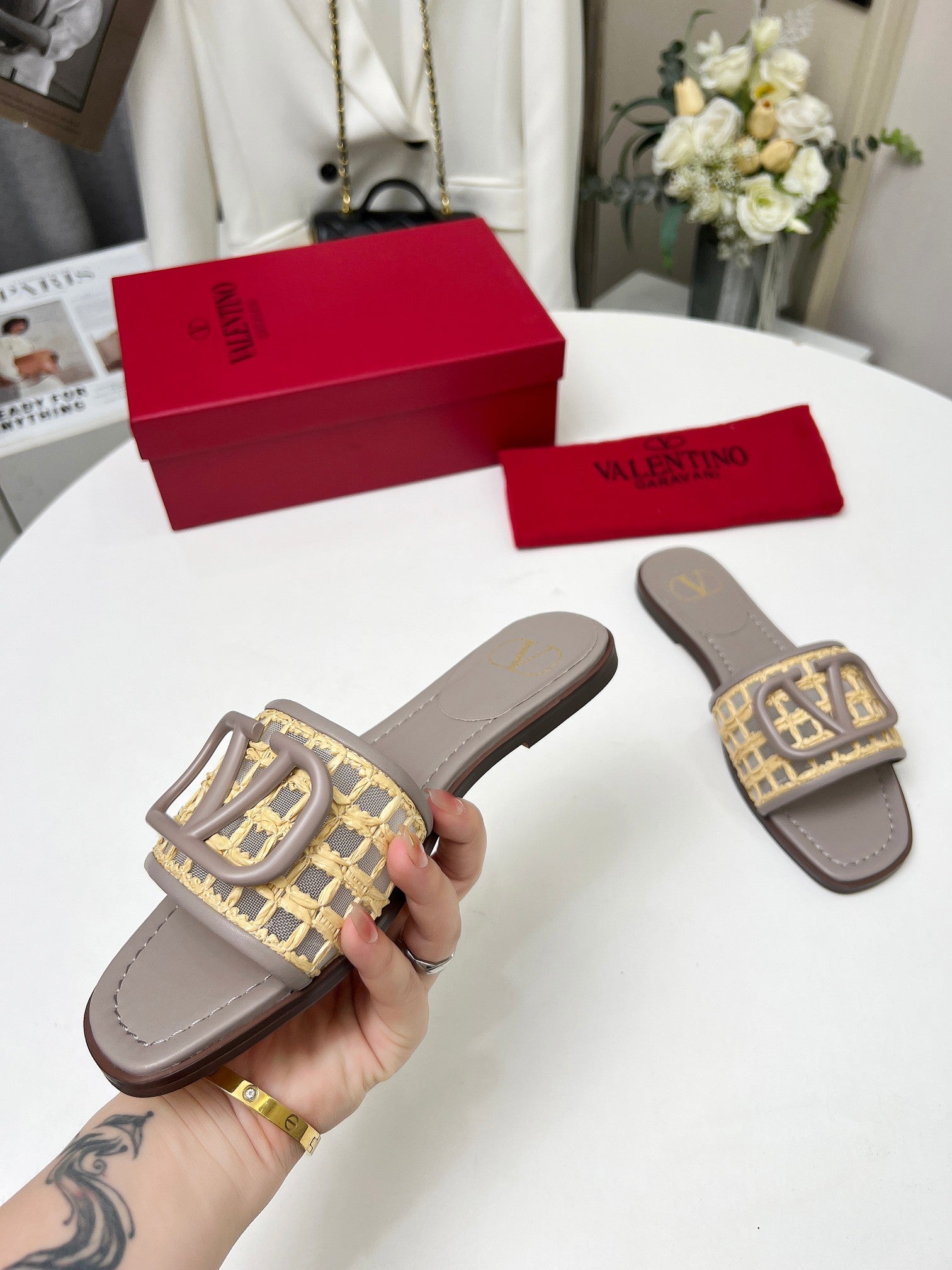 Vlogo embellished leather-trimmed raffia slides grey