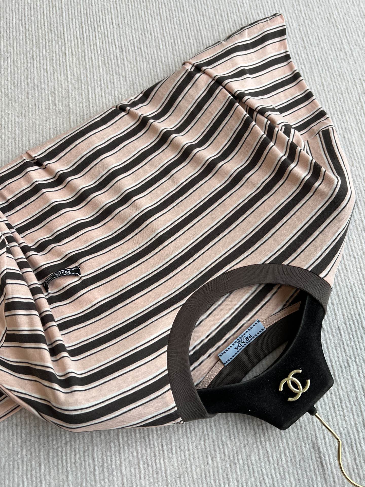 Prada 25 Striped Round Neck T-shirt Beige Brown Cotton