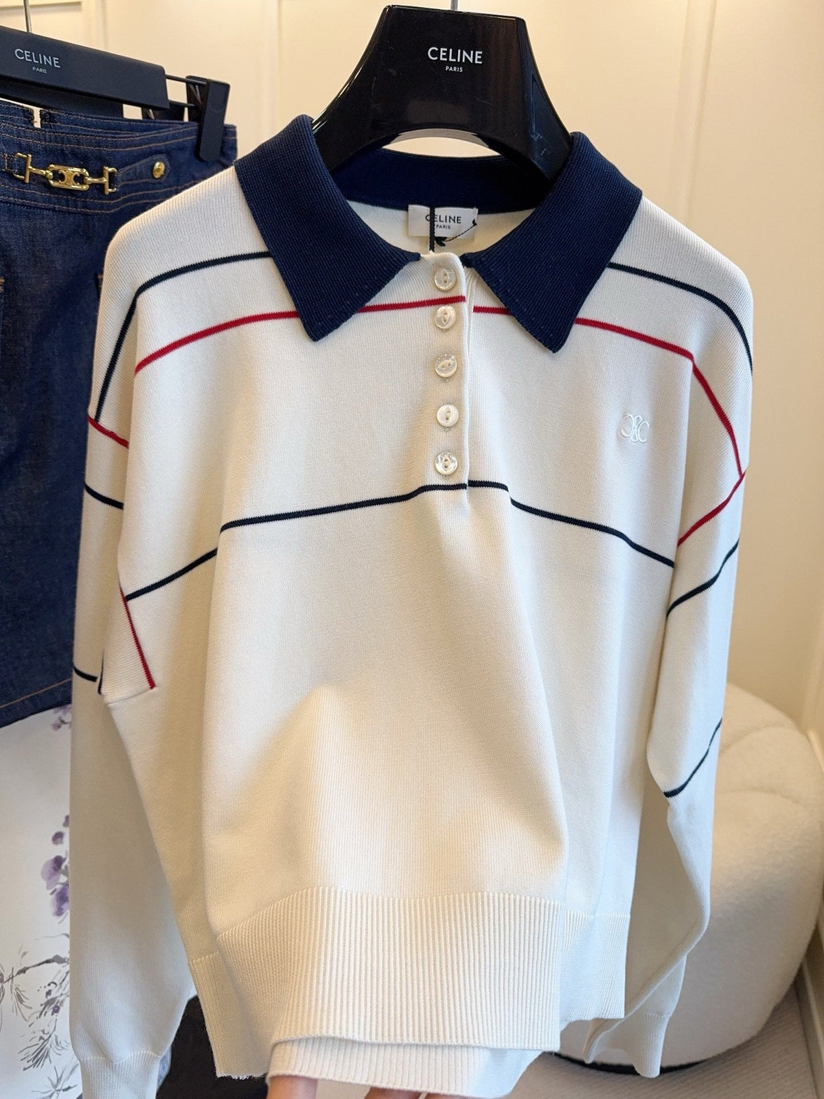 Celine 25 Polo Long Sleeves Shirt White Silk Cotton