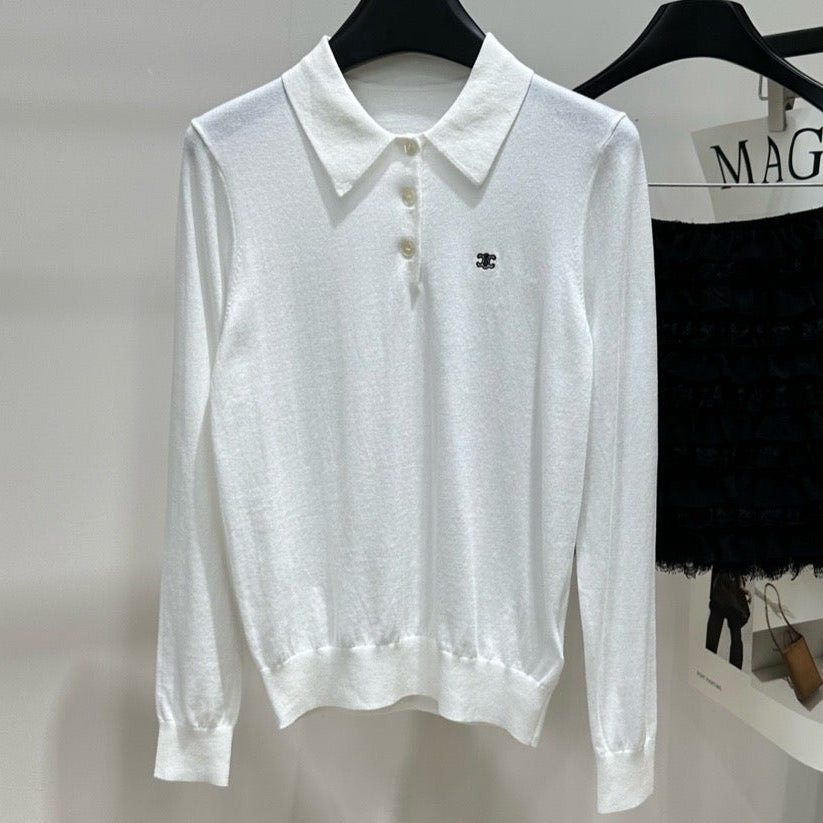Celine 2026 Long-Sleeved Polo Shirt White Cotton 430364