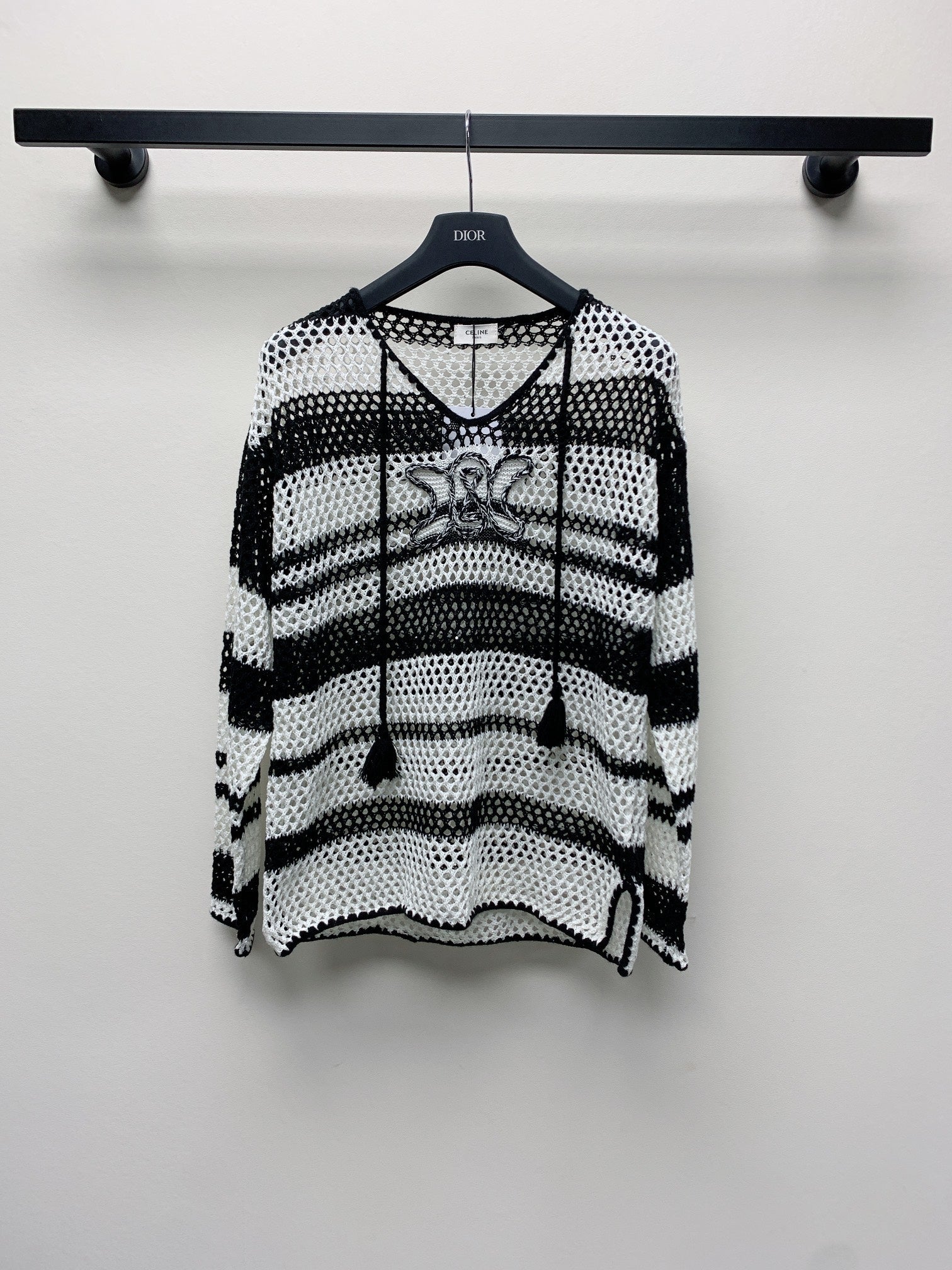 Celine 25  Hollow Crochet Cardigan Black White Wool Polyester 277568