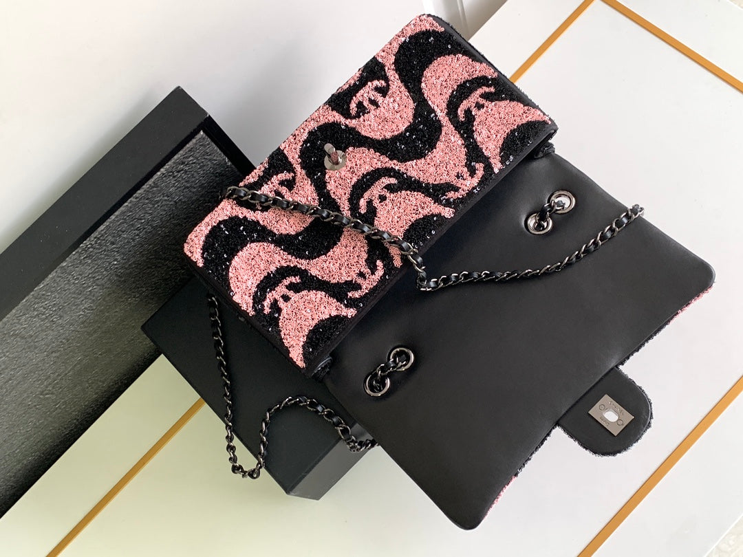 flap bag medium 25 black pink sequin silver hardware