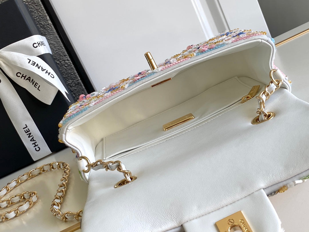 CC 24a Flap Bag 20cm Multicolor Sequin Satin Gold Hardware