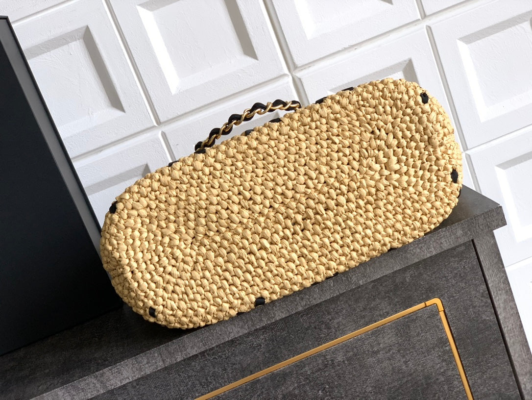 CC Braided Shopping Bag Double C logo Beige Black Raffia