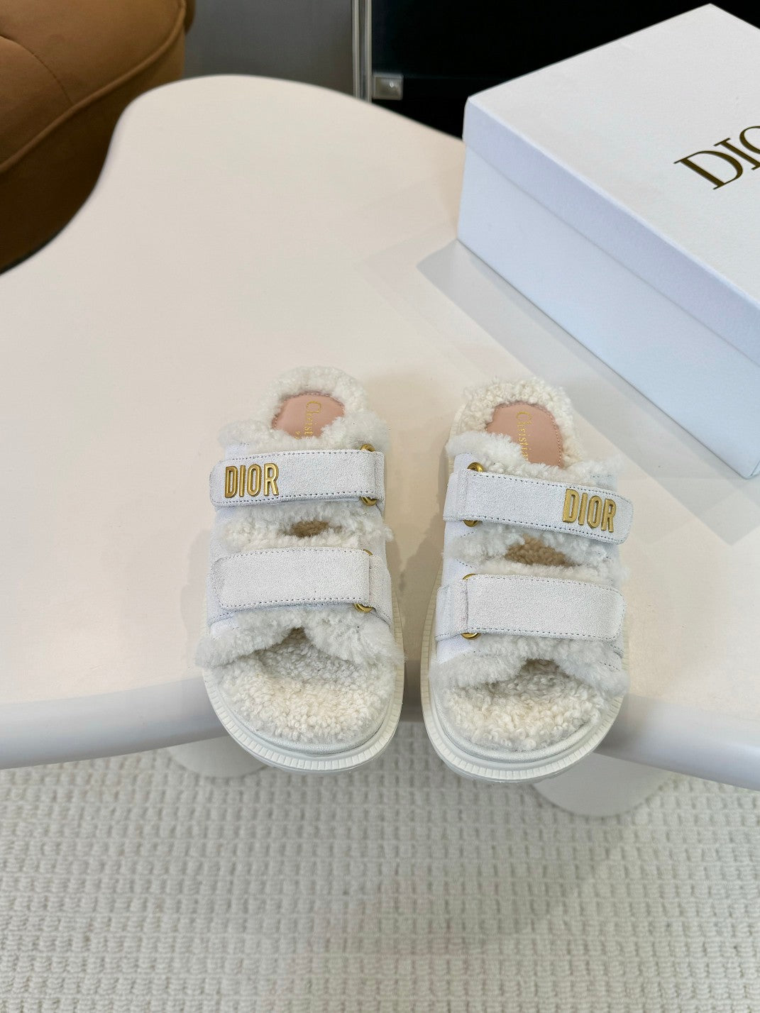 CD Dioract Slide White Suede And Fleece Lining