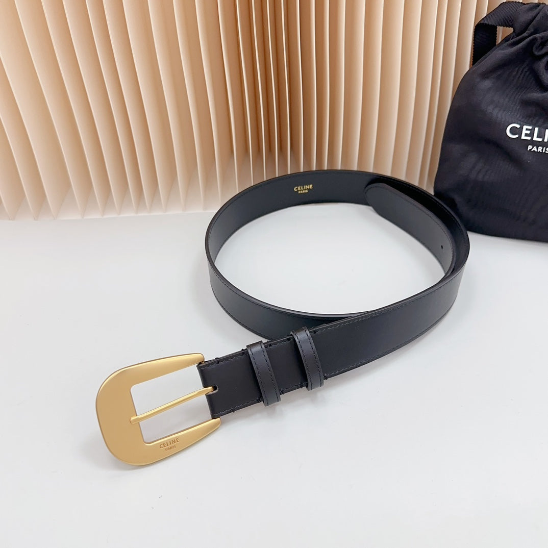 LARGE WESTERN 35 MM BELT BLACK CALFSKIN GOLD HARDWARE