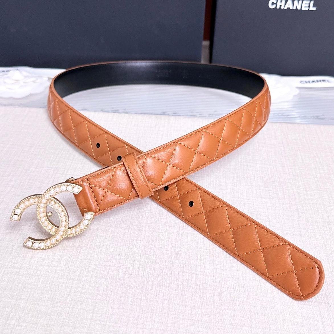 Chanel 2026 Quilted Pearl CC Belt 30mm Lambskin