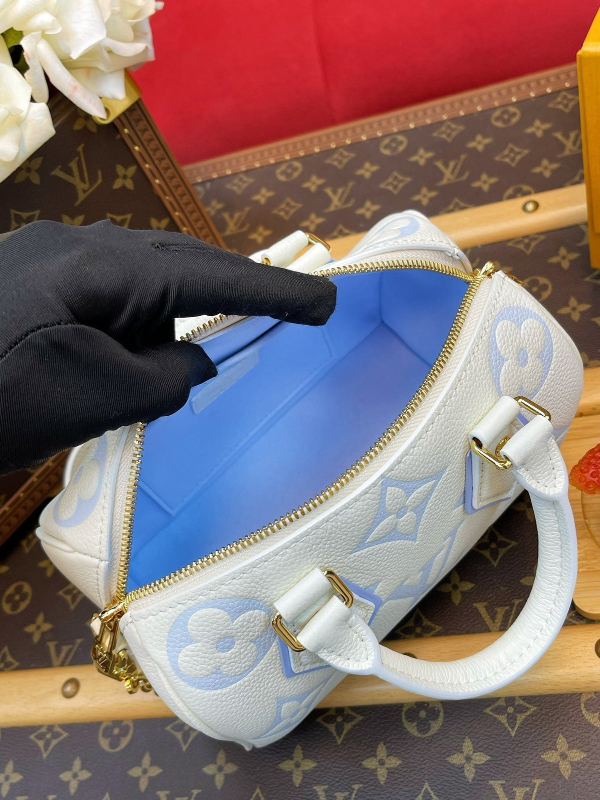 LV Speedy BandouliÃ¨re 20 White Blue Monogram Empreinte Leather