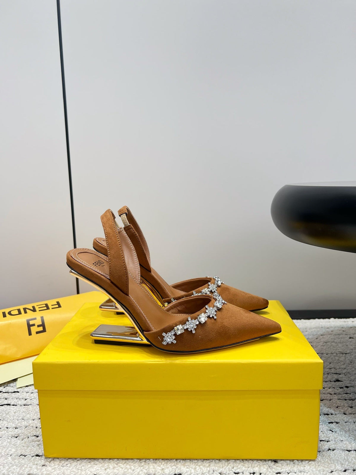 FENDI CRYSTAL HIGH-HEELED SLINGBACK 7 CM IN BRONZE BROWN SUEDE