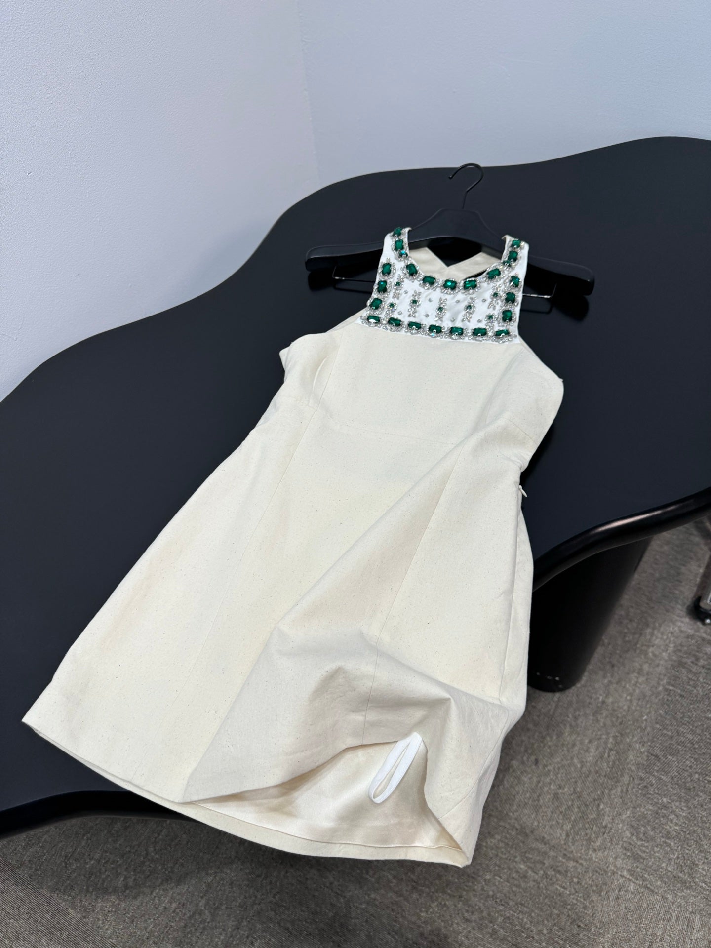 Miumiu 2026 Rhinestone Dress Cream Green Cotton
