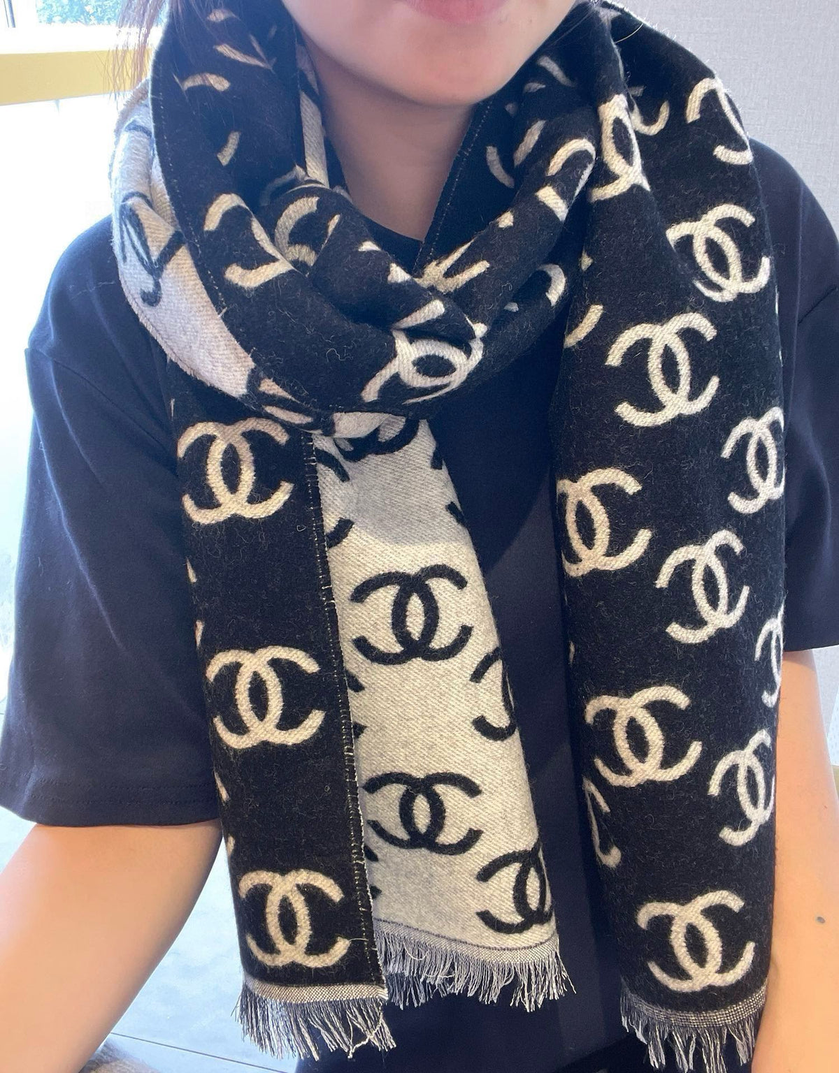 CC Scarf 180 CM In Black Mix White Print Logo Cashmere And Wool 413631