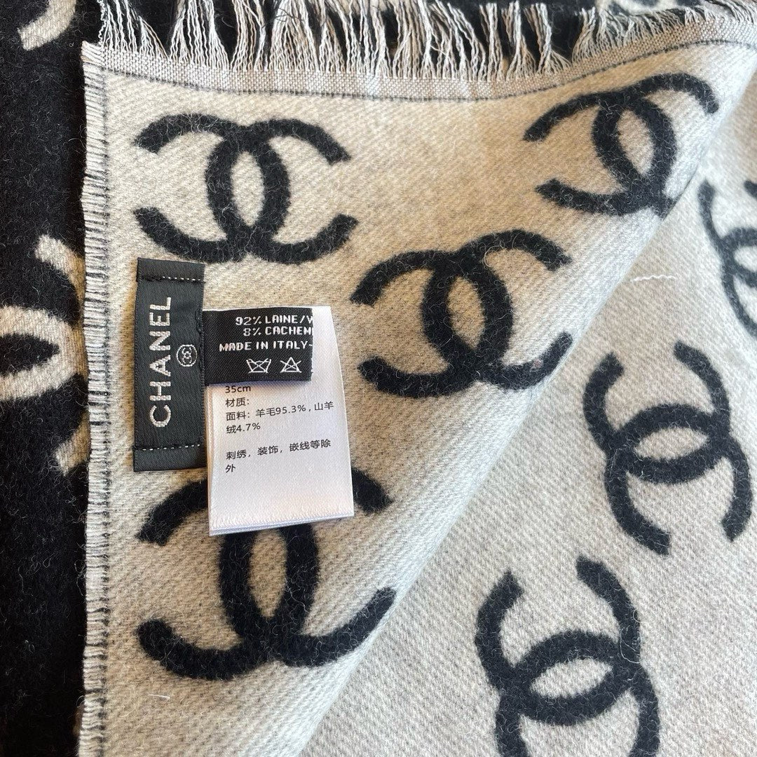 CC Scarf 180 CM In Black Mix Light Grey Print Logo Cashmere And Wool 413631