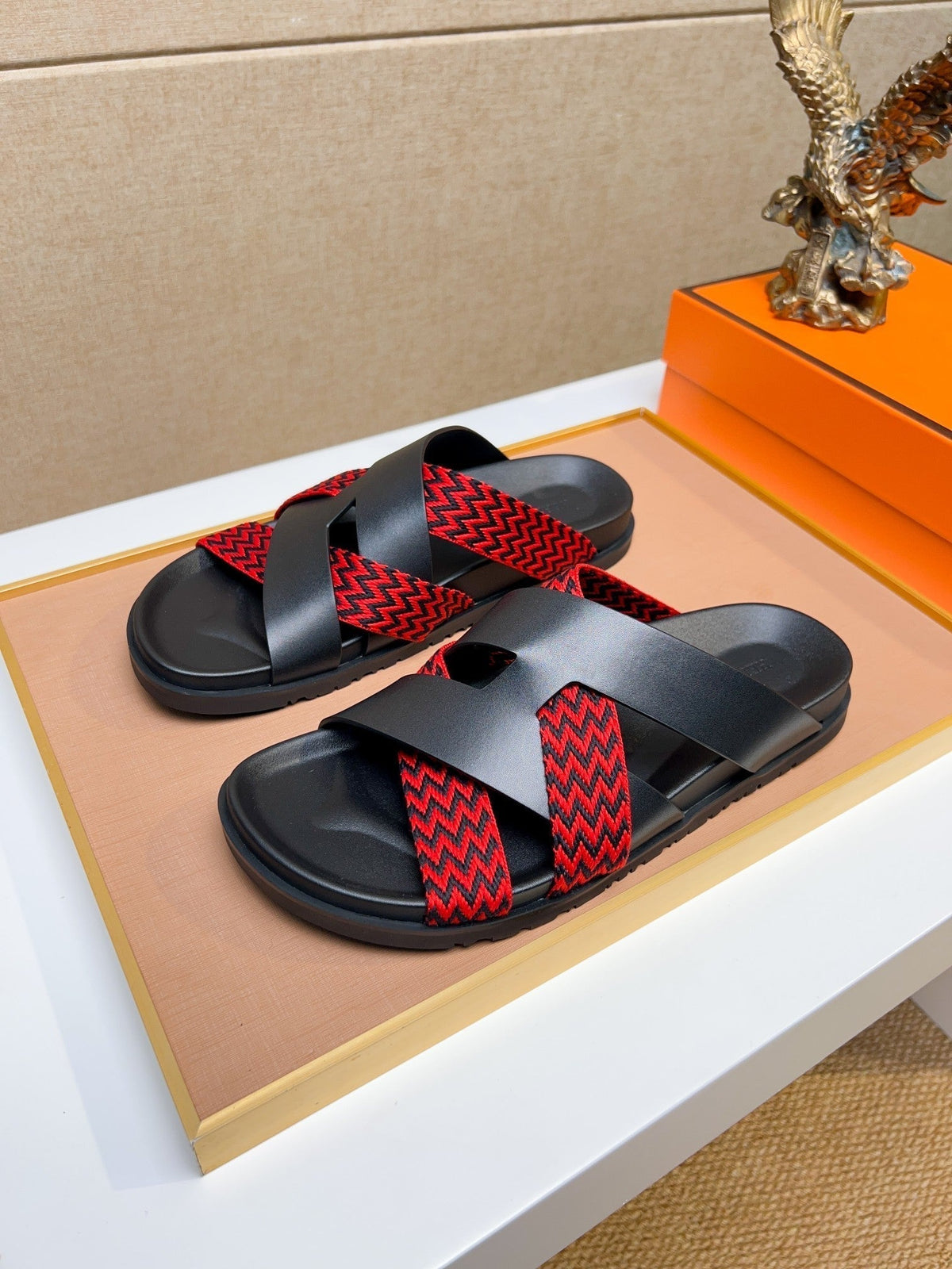 HM Men's Kazimir Sandals Black Red Calfskin 735748