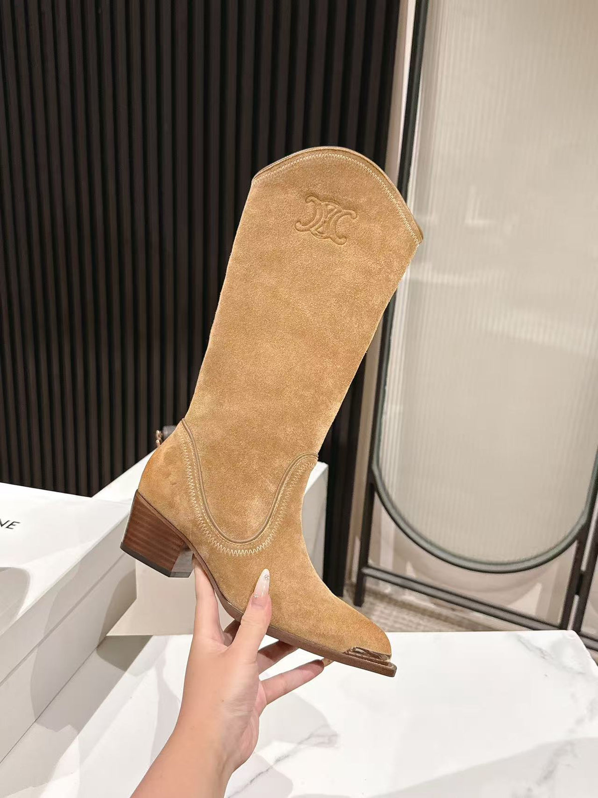 CELINE 25 Mid Calf Cowboy Boots Light Brown Suede