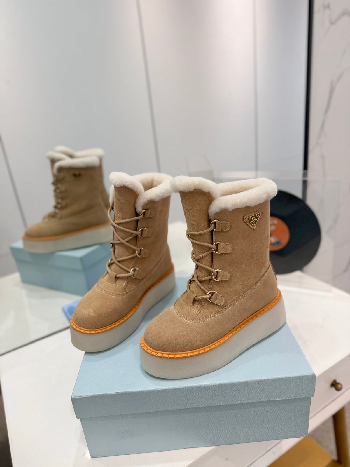Prada 2026 Platform Snow Boots Suede Wool 166143