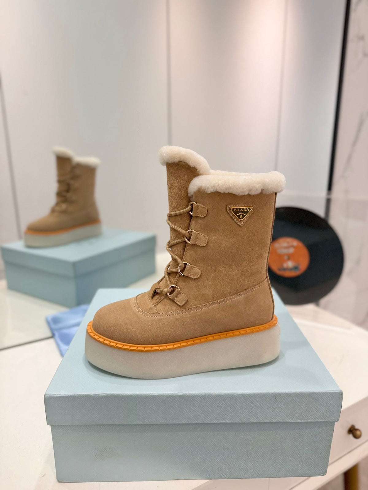 Prada 2026 Platform Snow Boots Suede Wool 166143