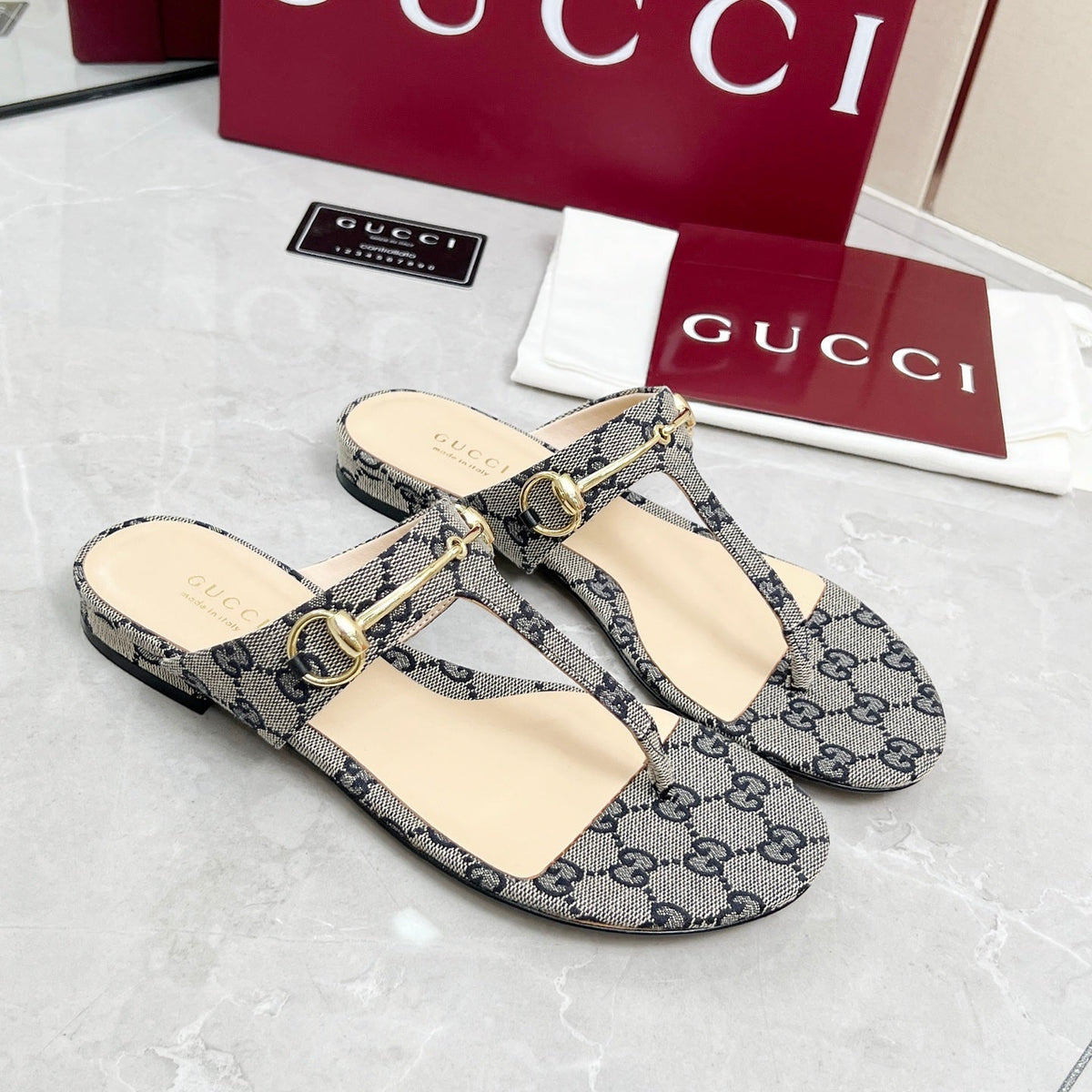 GC 25 Horsebit Thong Sandals Gray Canvas Leather 293854
